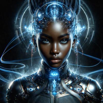 The primary subject of the image is a woman with a futuristic, cyberpunk-inspired appearance. She is wearing a metallic outfit and has a visually striking look. The setting is a futuristic environment, possibly a space station or a high-tech city. The visual style is a combination of digital art and illustration, creating a unique and captivating image. The colors and mood of the image are predominantly dark and moody, with a touch of futuristic and